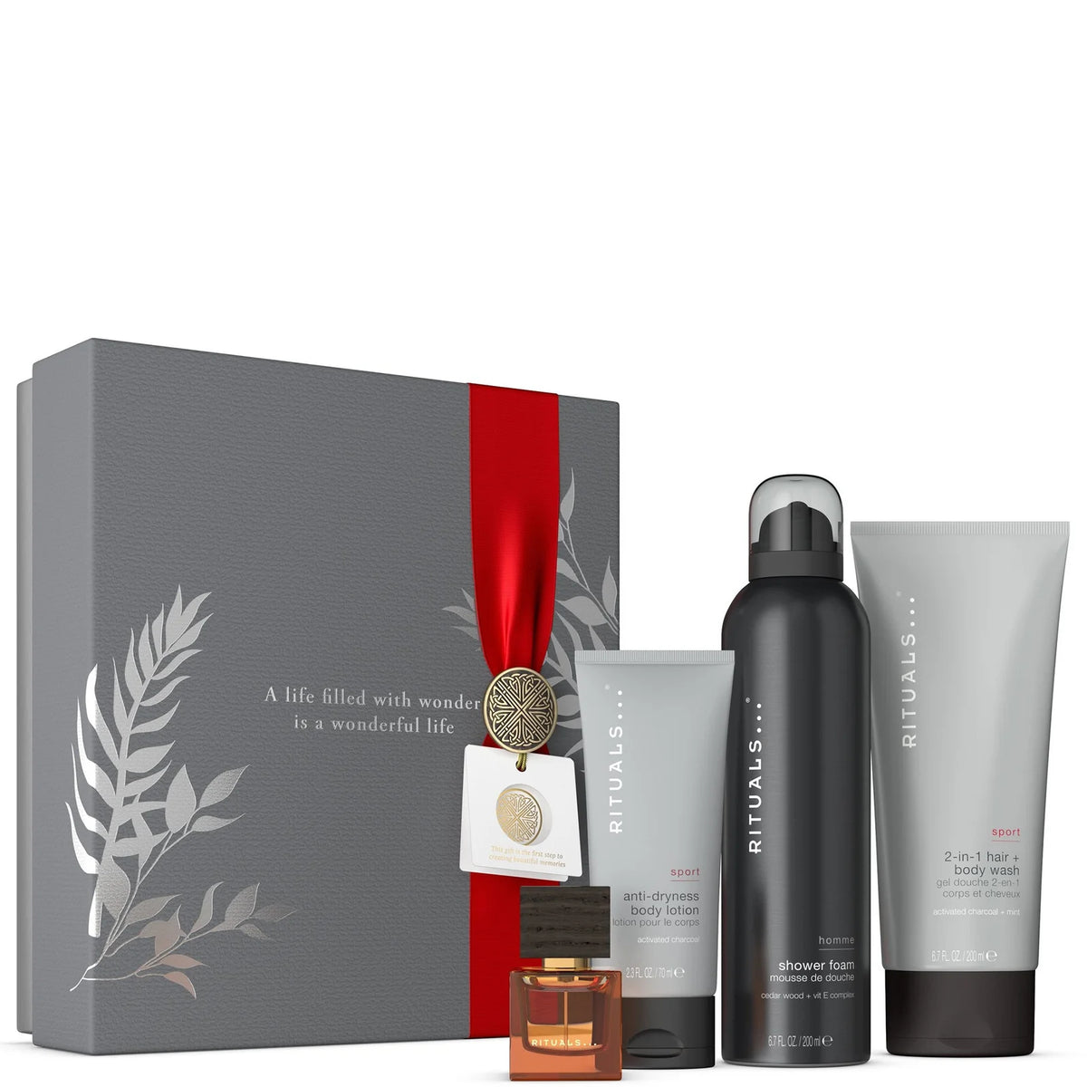 Rituals Homme & Sport Collection Men's Aromatic Medium Bath and Body Gift Set, dark gift set with grooming bottles and tubes