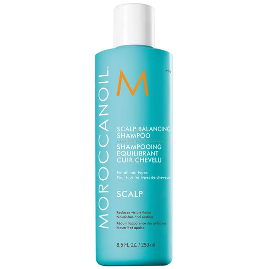 Moroccanoil Scalp Balancing Shampoo 250ml amber bottle with turquoise label and white cap
