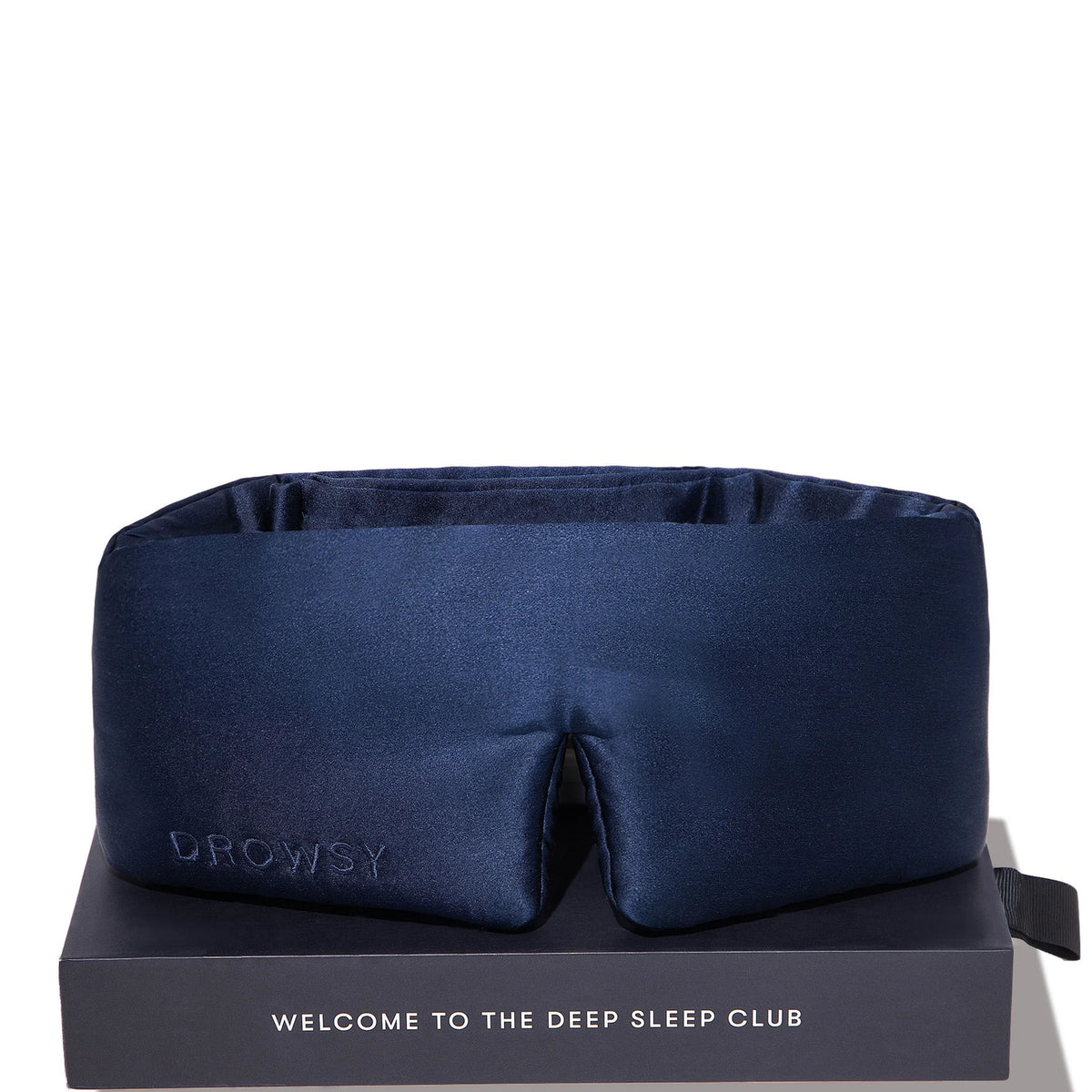 Drowsy Midnight Blue Sleep Mask, navy silk eye mask with cloud-like padding and adjustable strap