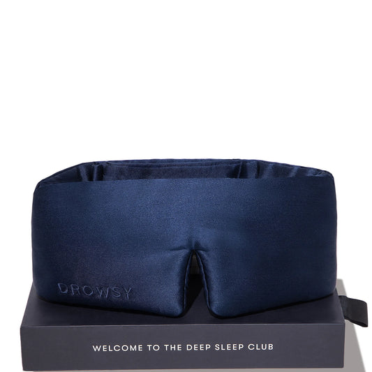 Drowsy Midnight Blue Sleep Mask, navy silk eye mask with cloud-like padding and adjustable strap