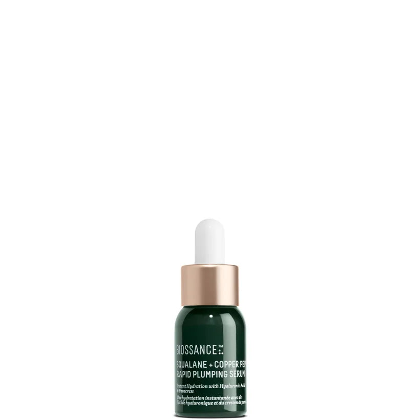 Biossance Squalane and Copper Peptide Rapid Plumping Serum 12ml small glass dropper bottle with a blue-toned serum visible inside