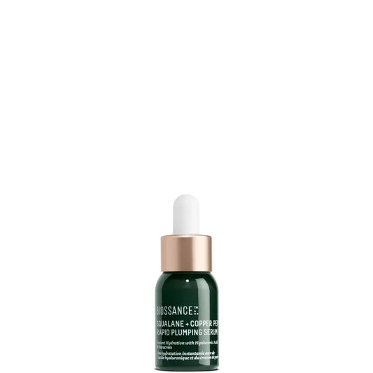 Biossance Squalane and Copper Peptide Rapid Plumping Serum 12ml small glass dropper bottle with a blue-toned serum visible inside