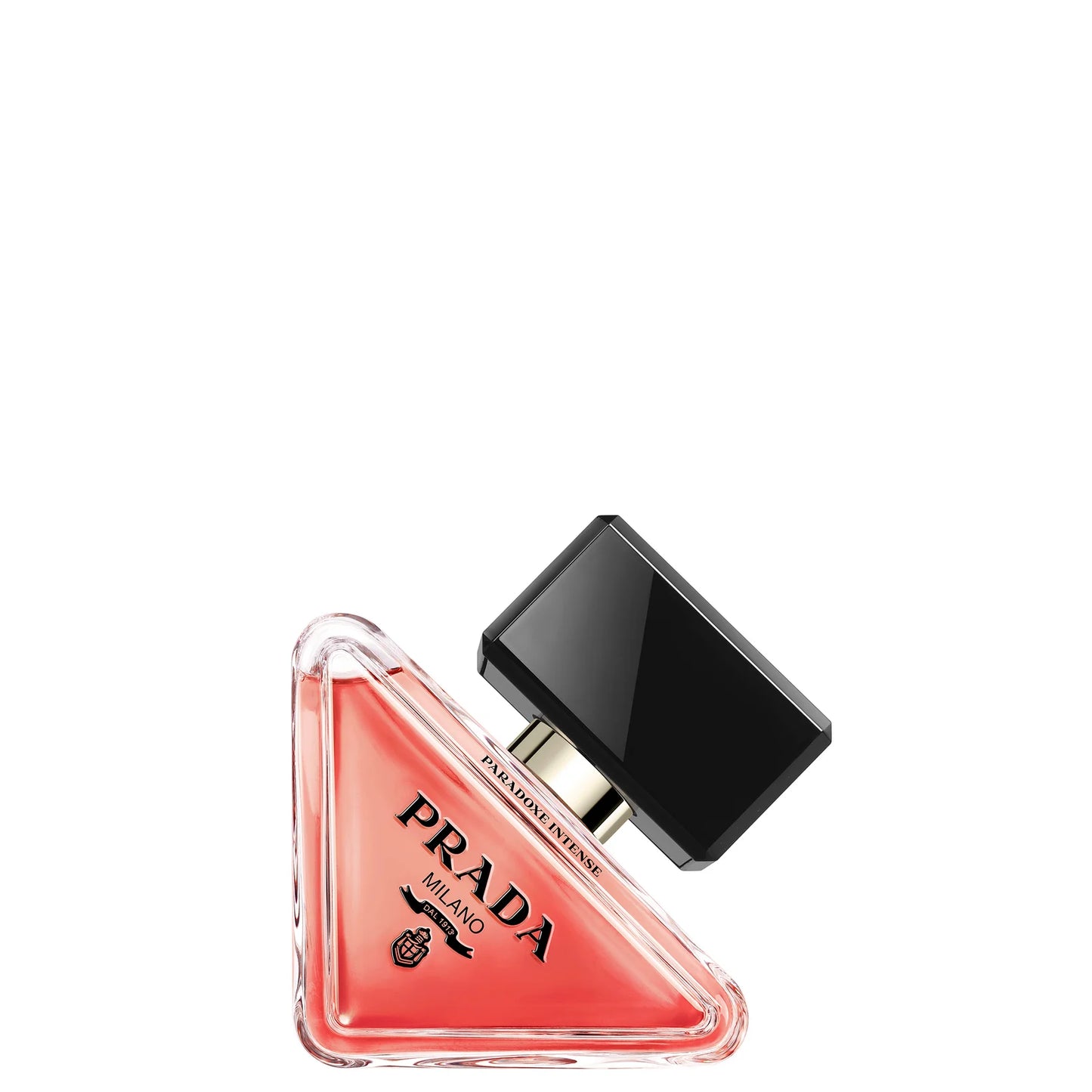 Prada Paradoxe Intense Eau de Parfum 30ml — amber-jasmine blend with moss undertone; refillable triangular bottle with warm rosy juice and black cap.