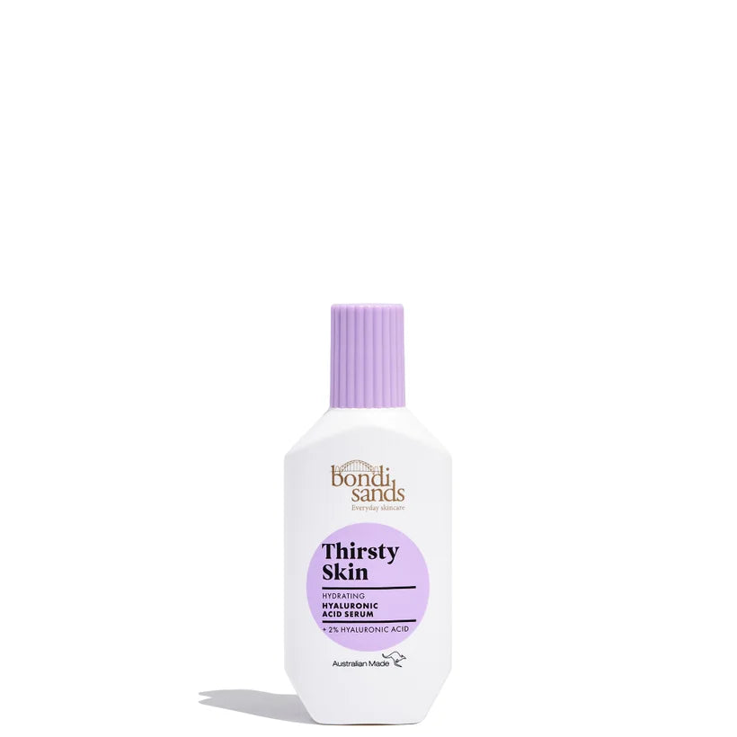 Bondi Sands Thirsty Skin Hydrating Hyaluronic Acid Serum 30ml pale blue glass bottle with a dropper