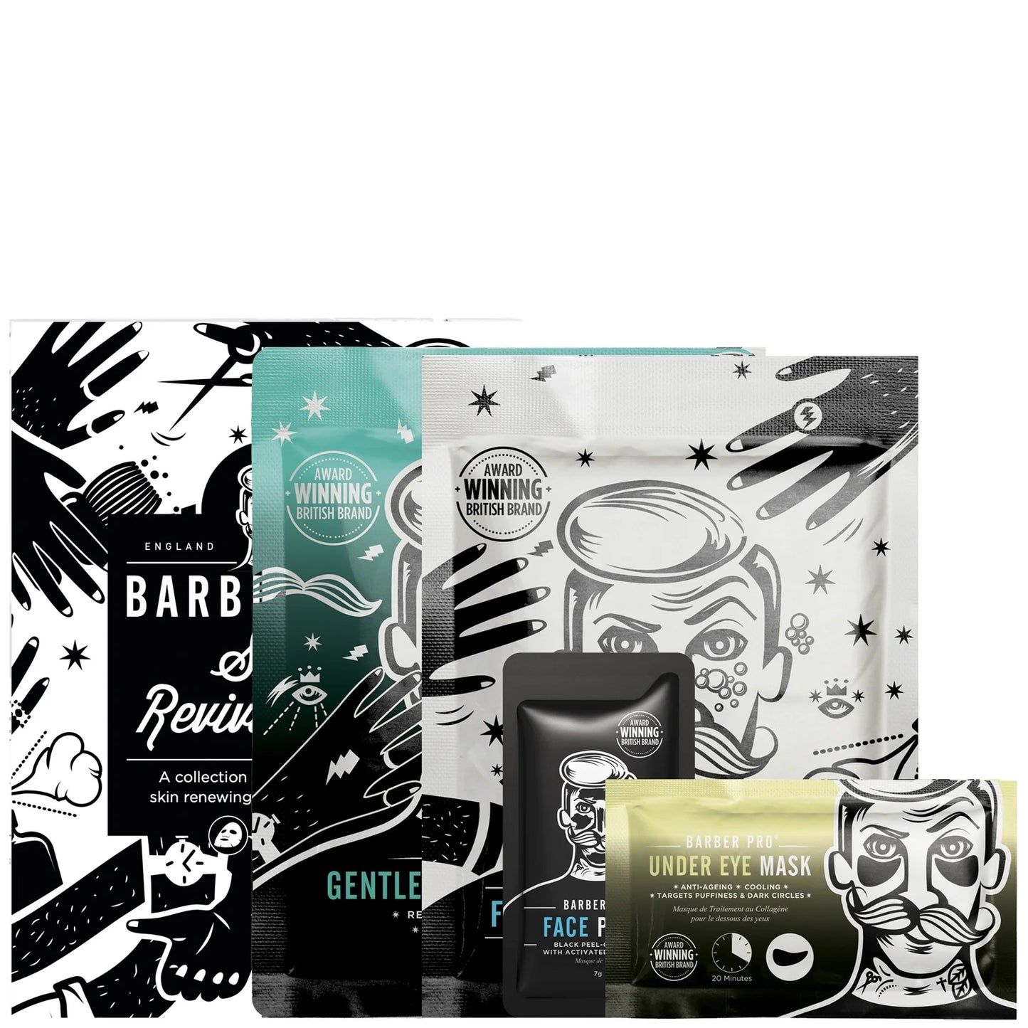 BARBER PRO Skin Revival Kit showing multiple skincare mask sachets