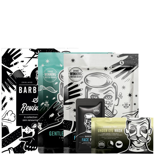 BARBER PRO Skin Revival Kit showing multiple skincare mask sachets
