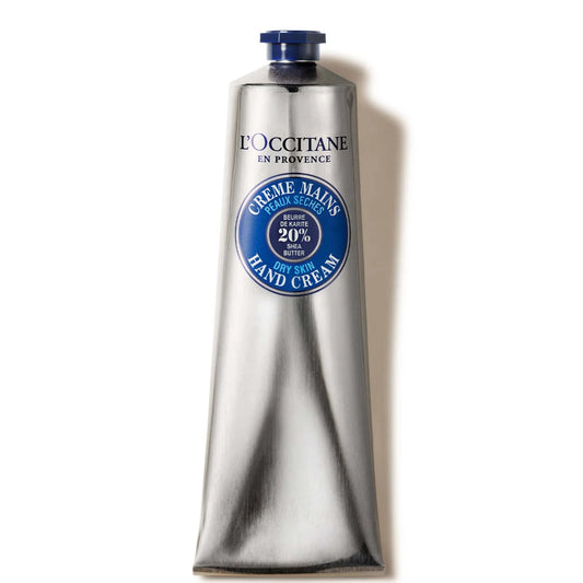 L'Occitane Shea Butter Hand Cream 150ml, metallic silver squeeze tube with navy blue cap and label