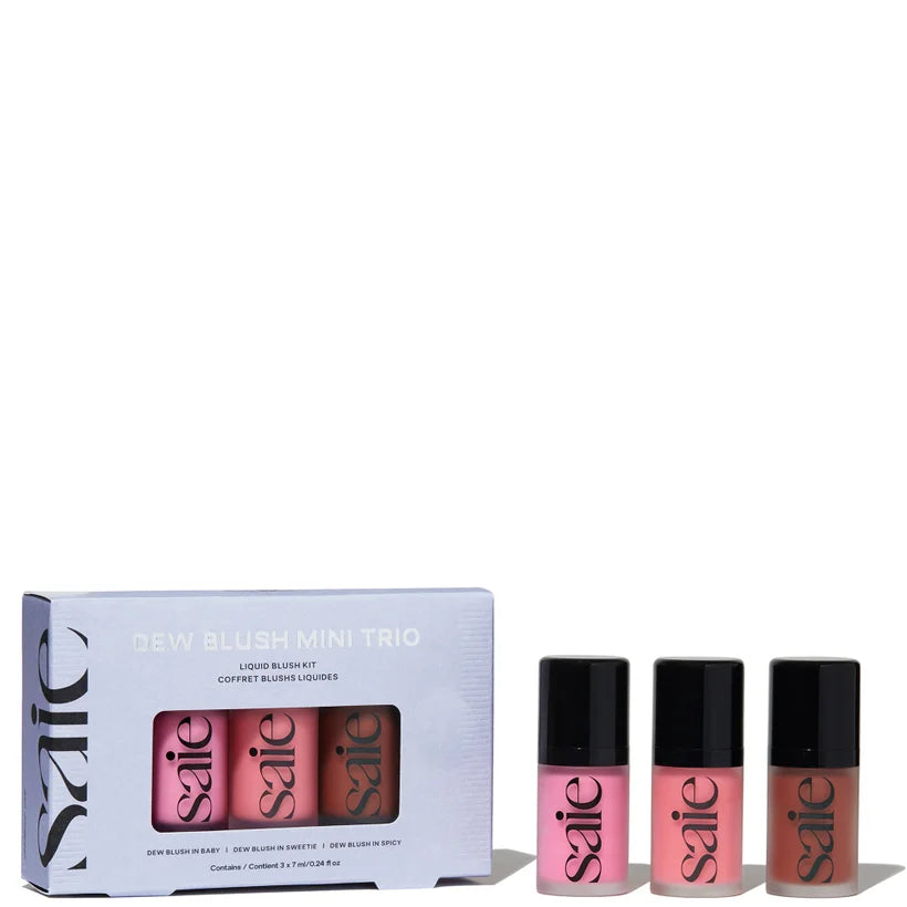 Saie Mini Dew Blush Trio set of three mini liquid blush tubes in soft pink tones displayed together