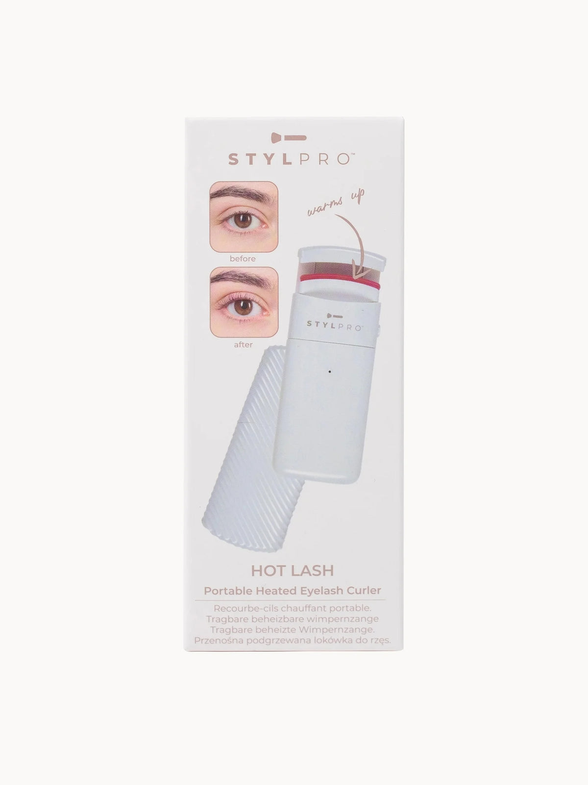 StylPro Heated Eye Lash Curler, small handheld white and black lash curler with red-to-white colour-changing heated pad