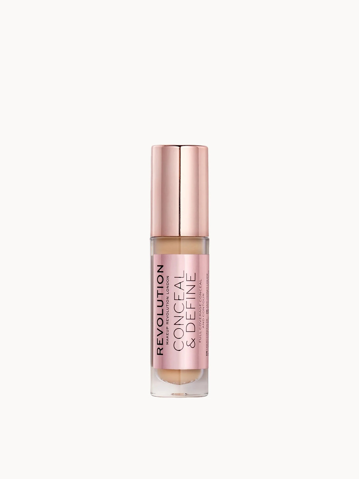 Makeup Revolution Conceal & Define Concealer - C8, small tube with doe-foot applicator cap and Makeup Revolution branding
