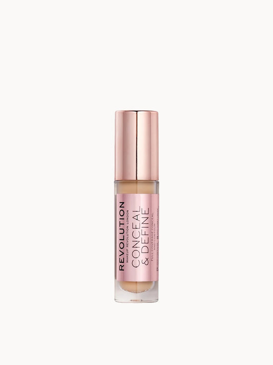 Makeup Revolution Conceal & Define Concealer - C8, small tube with doe-foot applicator cap and Makeup Revolution branding