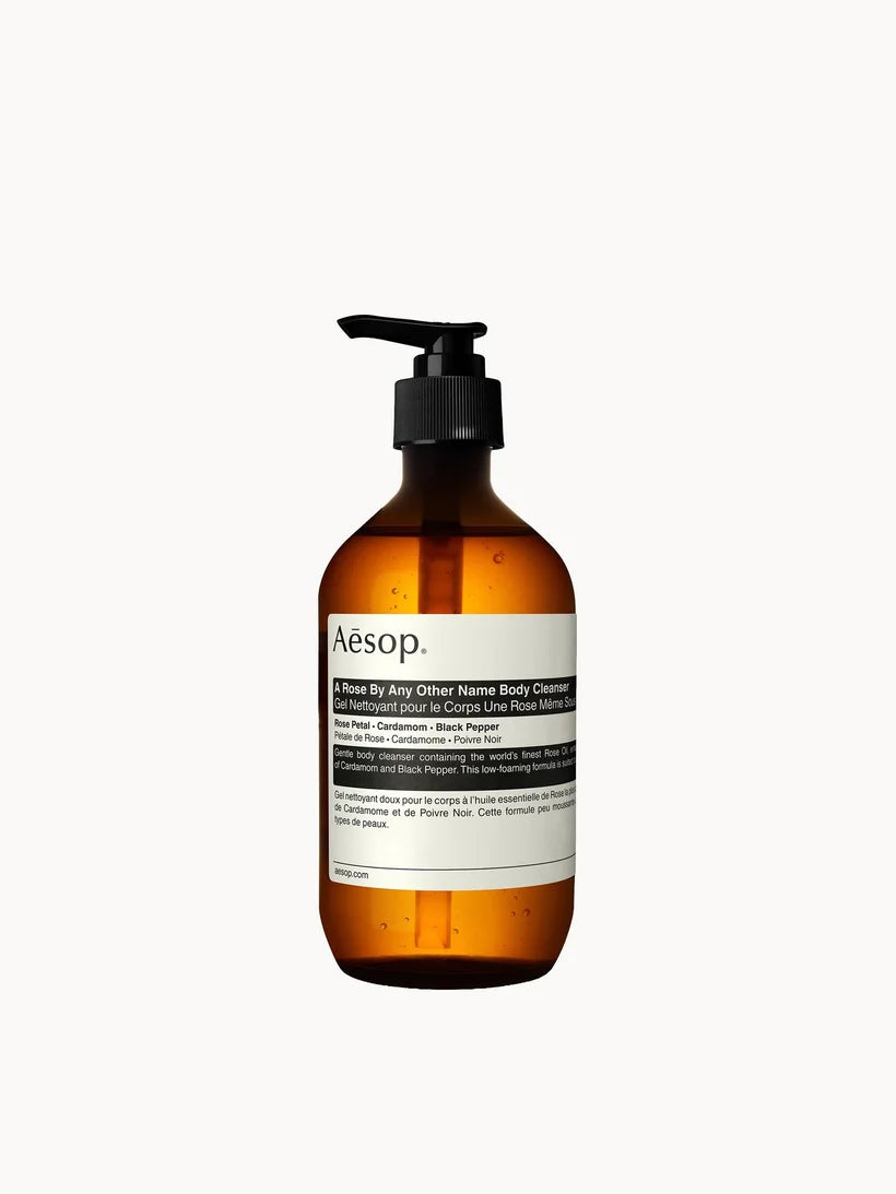 Aesop A Rose By Any Other Name Body Cleanser 500ml amber plastic bottle with black pump and minimal label displayed upright