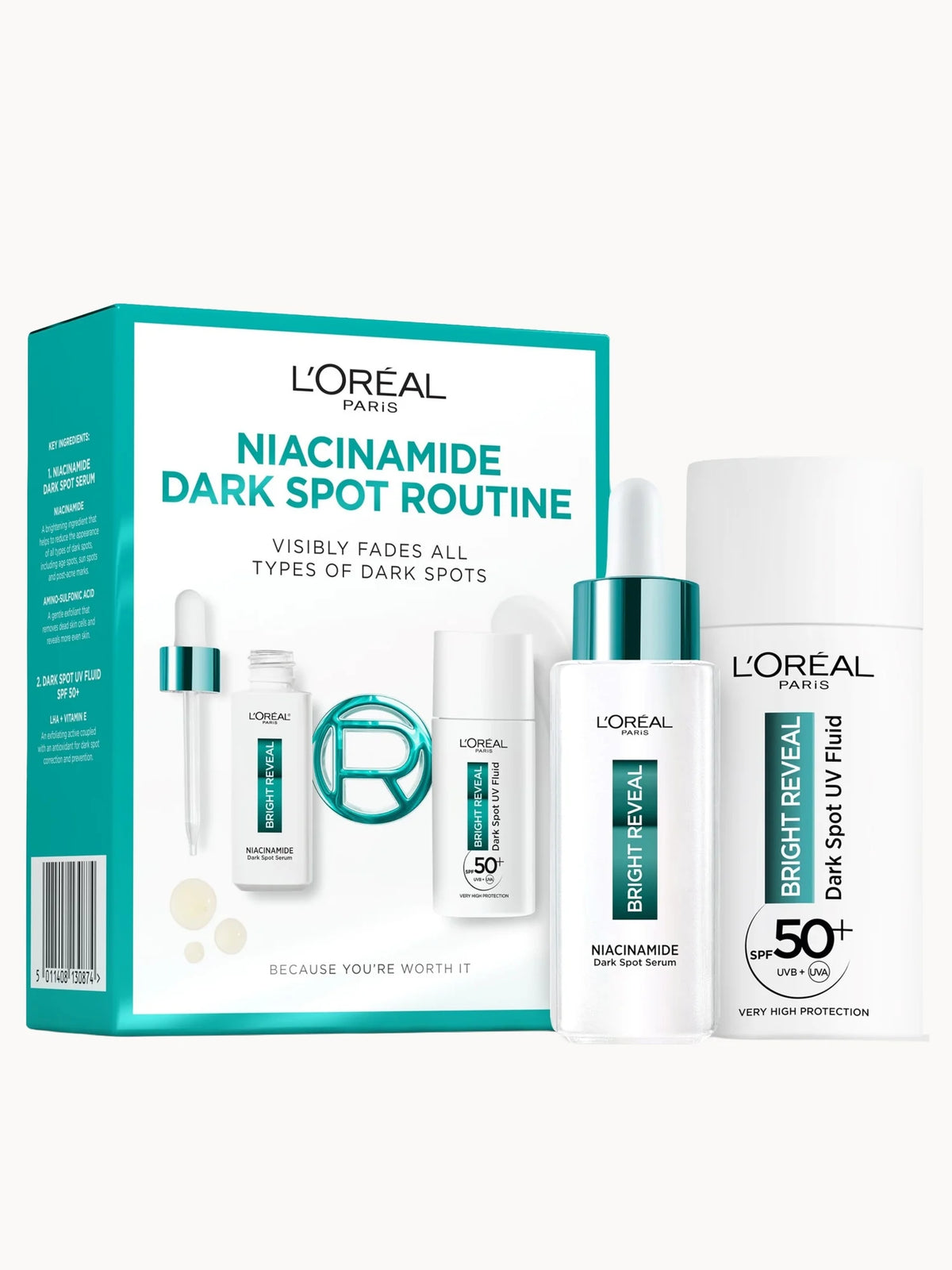 L'Oreal Paris Bright Reveal Niacinamide Dark Spot Set, pink serum bottle and white SPF tube in box