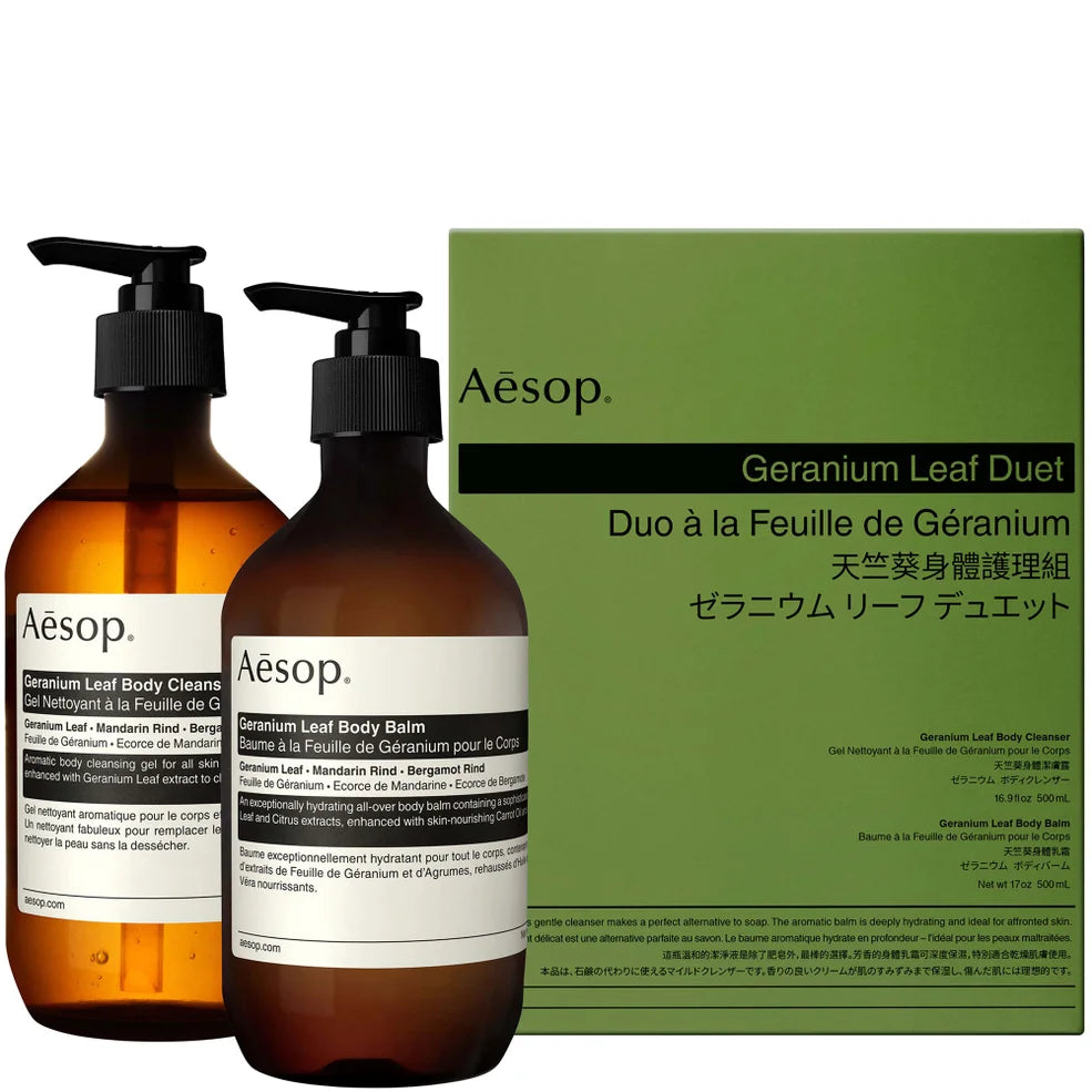 Aesop Geranium Leaf Body Cleanser and Balm Duet, luxury body care set with refreshing botanicals.