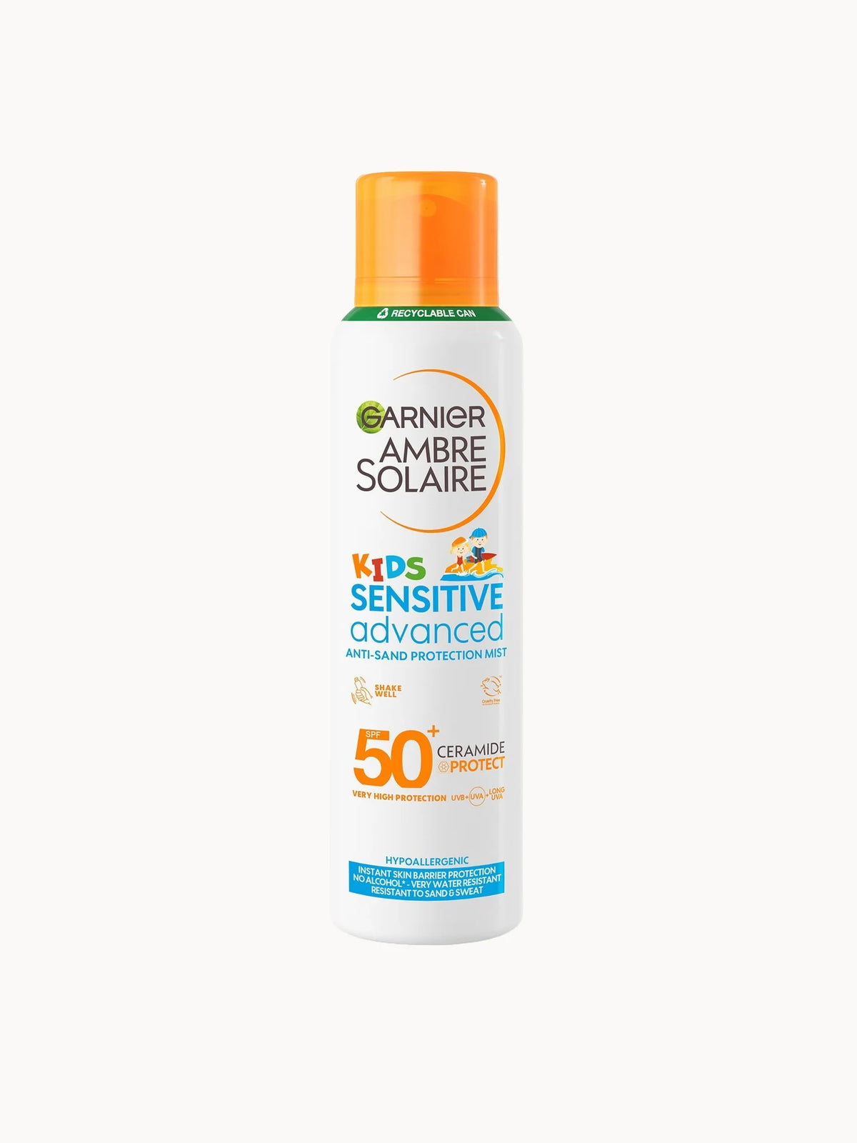 Garnier Ambre Solaire Kids SPF50 Anti-Sand Mist 150ml, orange and white spray can