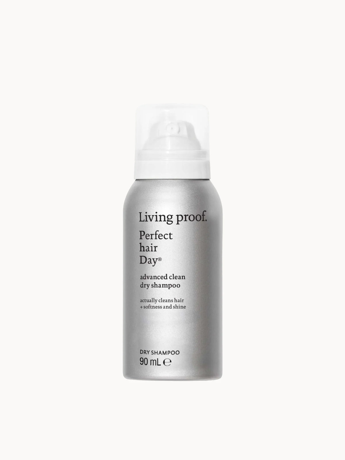 Living Proof Perfect Hair Day (PhD) Advanced Clean Dry Shampoo 90ml, white aerosol can with black cap and Living Proof PhD branding
