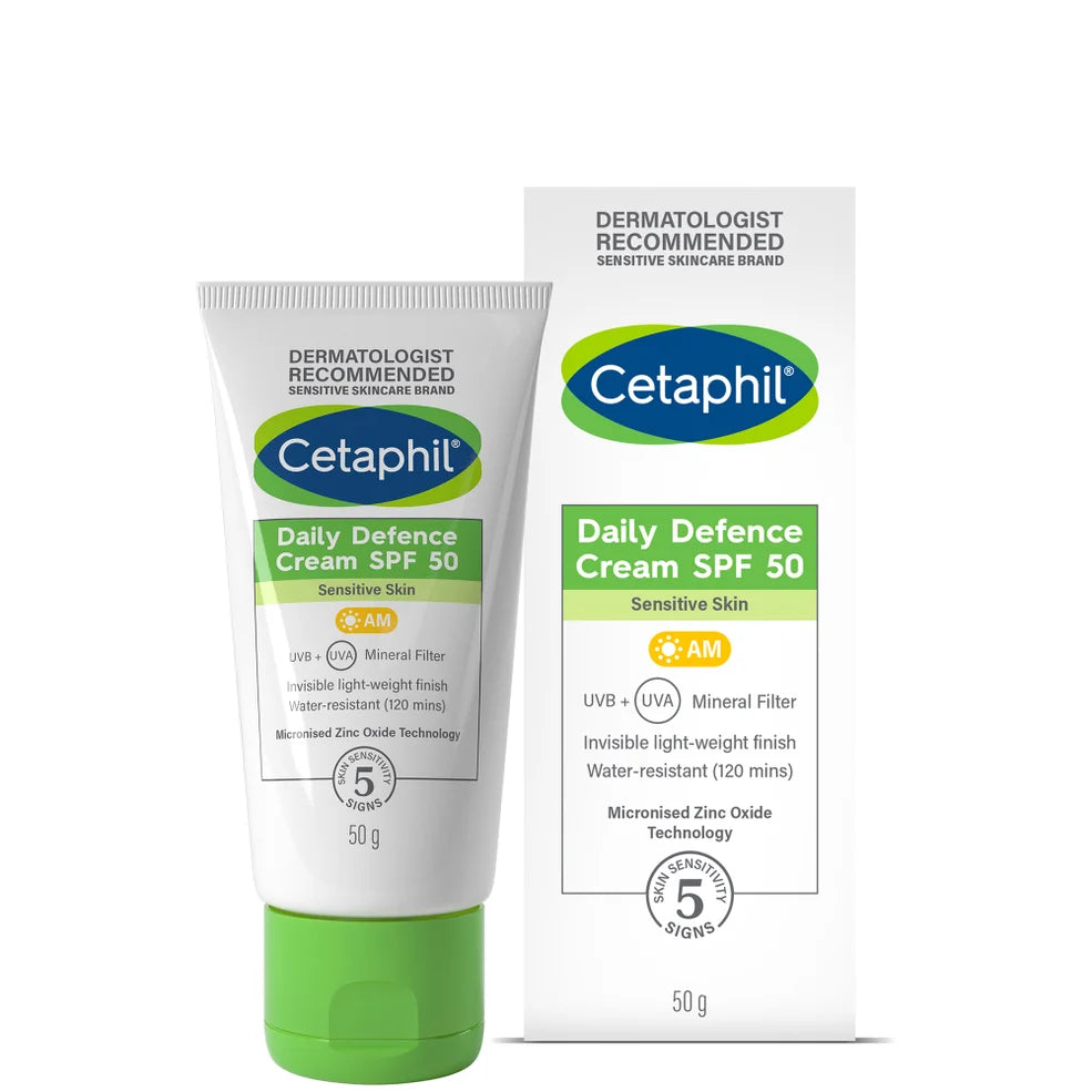 Cetaphil Daily Defence Cream SPF50 with UVA/UVB Filters for Sensitive Skin 50g, protective face cream with SPF50 for sensitive skin.