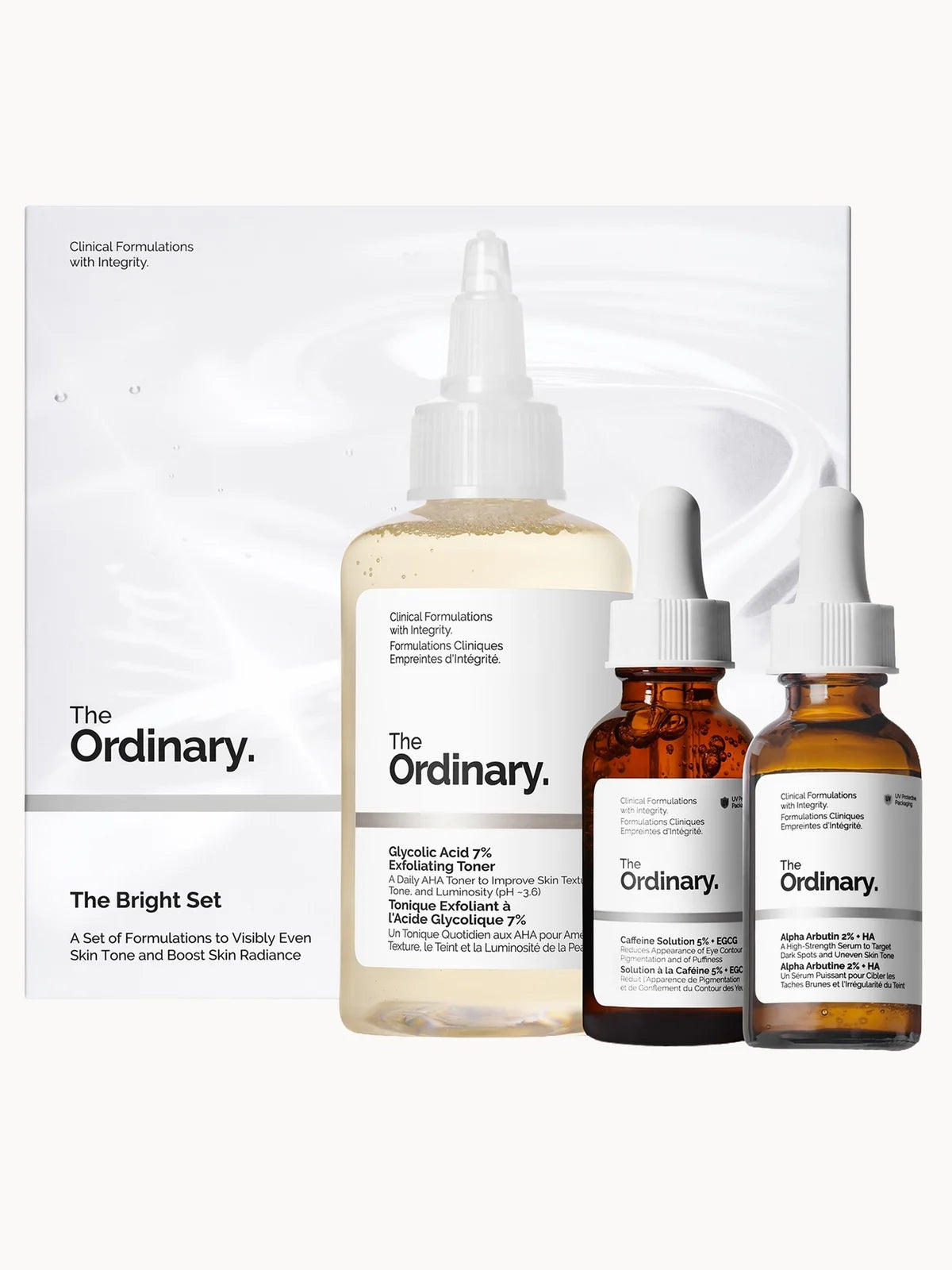 The Ordinary The Bright Set, clear The Ordinary toner bottle with white cap and two glass dropper serum bottles