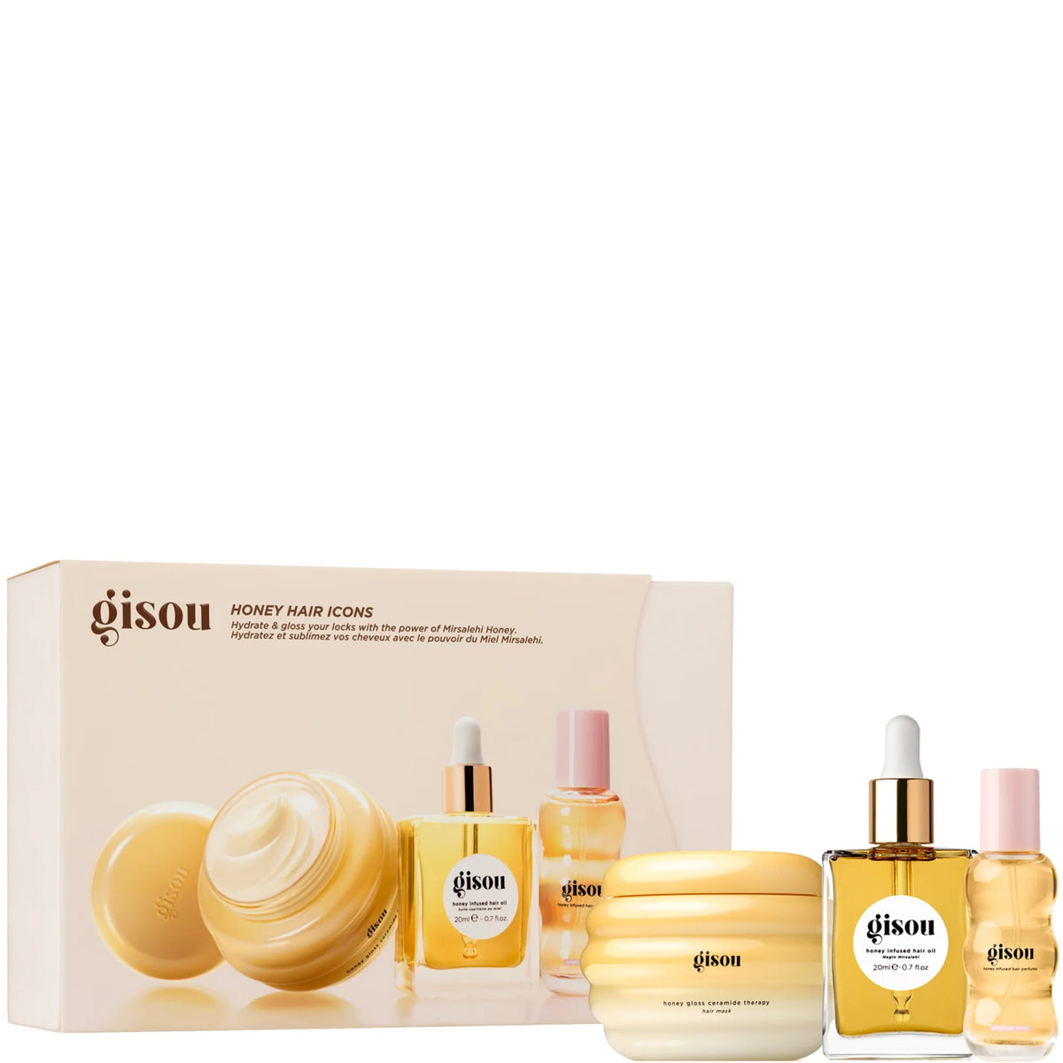 Gisou Honey Hair Icons, gold box with bee motif and Gisou branding, mini haircare bottles inside