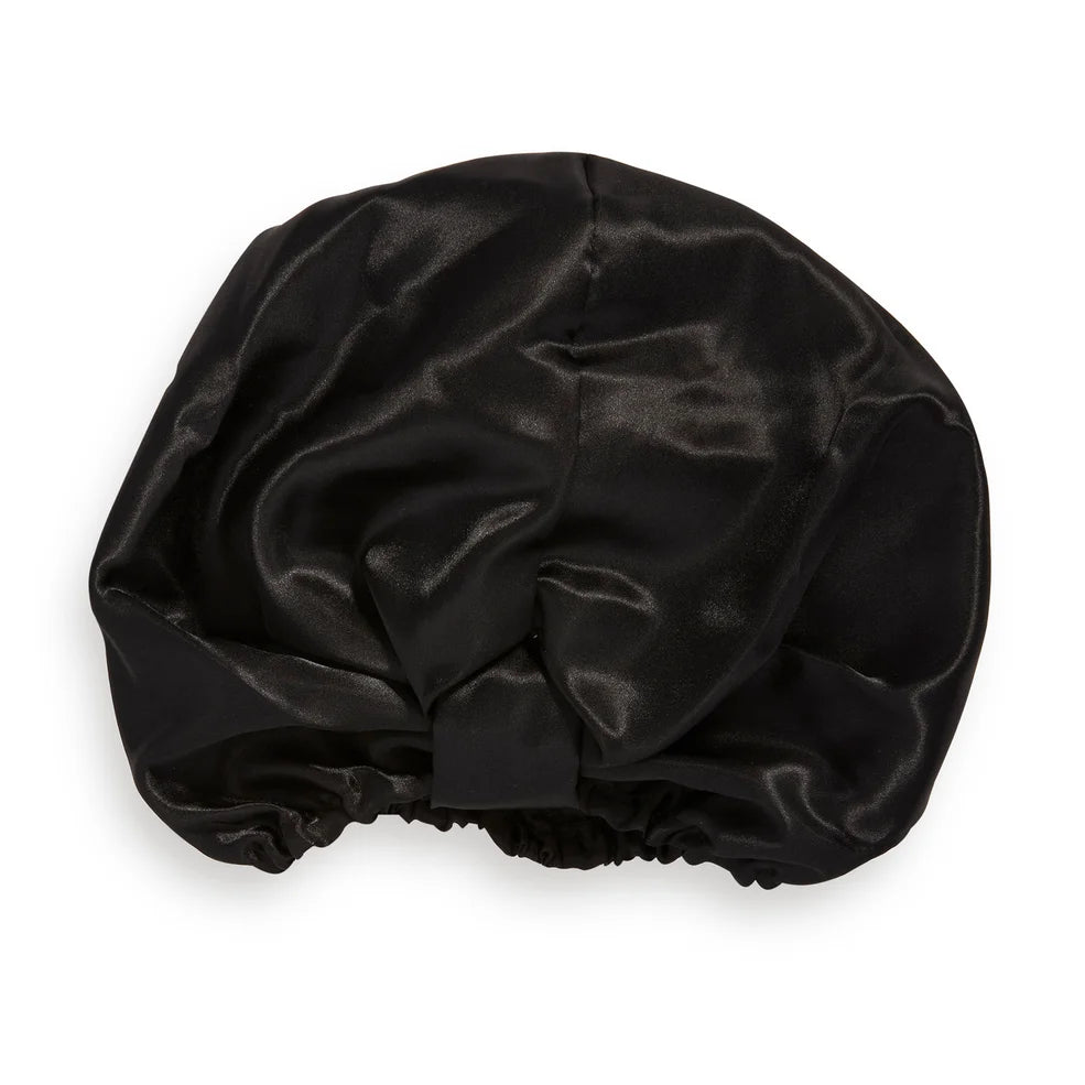 Satin hair wrap in black to protect curls overnight