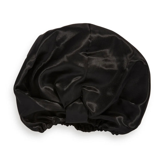 Satin hair wrap in black to protect curls overnight