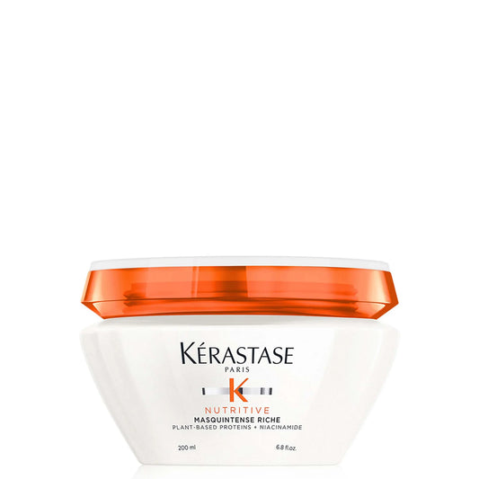 Kérastase Masquintense Riche Mask 200ml in white and orange jar, deeply nourishes and restores very dry, thick hair for enhanced softness and shine