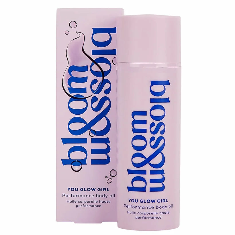 Bloom and Blossom You Glow Girl Performance Body Oil 150ml clear glass bottle revealing the warm golden oil inside