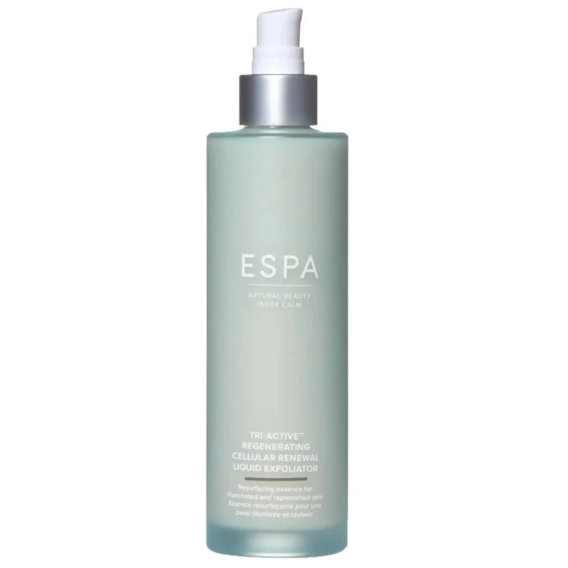 ESPA Tri-Active Regenerating Cellular Renewal Liquid Exfoliator 200ml tall bottle with metallic finish and pump dispenser