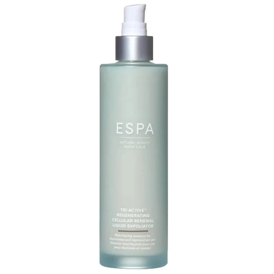 ESPA Tri-Active Regenerating Cellular Renewal Liquid Exfoliator 200ml tall bottle with metallic finish and pump dispenser
