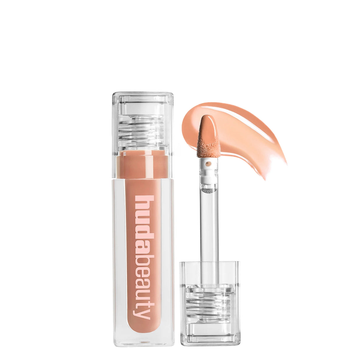 Huda Beauty Faux Filter Gloss 3.9ml - MidCealer, clear tube of nude gloss with large doe-foot applicator