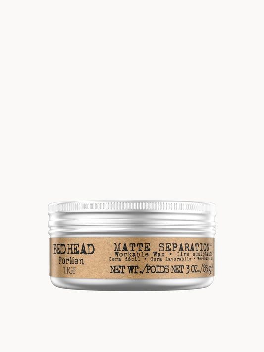 TIGI Bed Head for Men Matte Separation Workable Wax 85g, round black tub of men's hair wax with a black lid and Bed Head for Men branding