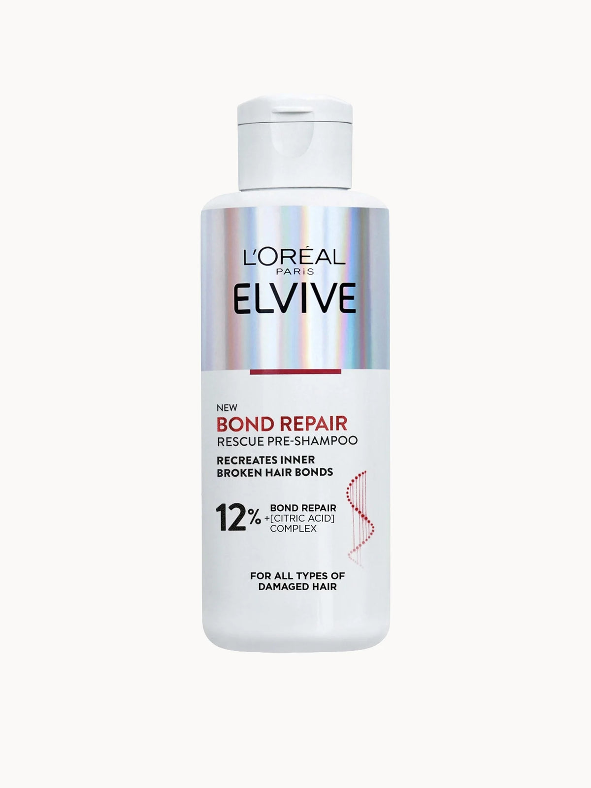 L'Oréal Paris Elvive Bond Repair Pre-Shampoo Treatment 200ml, clear bottle with black cap and L'Oréal Paris Elvive Bond Repair branding