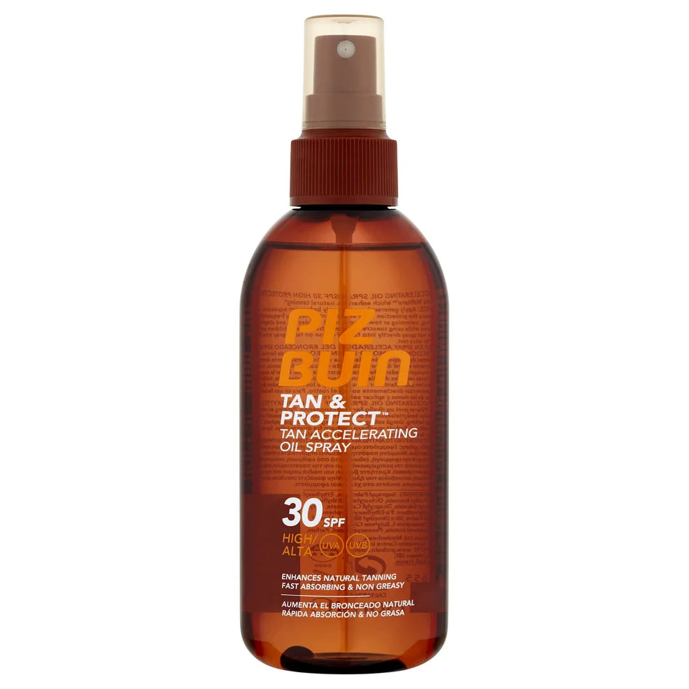 Piz Buin Tan & Protect Oil Spray SPF30 150ml, high-protection tanning oil with accelerator.