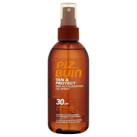 Piz Buin Tan & Protect Oil Spray SPF30 150ml, high-protection tanning oil with accelerator.