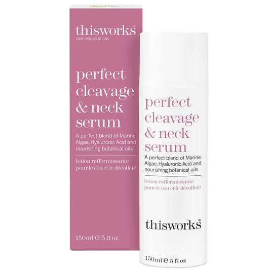 this works Perfect Cleavage and Neck Serum 150ml in tall white bottle with pump dispenser and minimalist design for firming and hydrating care.