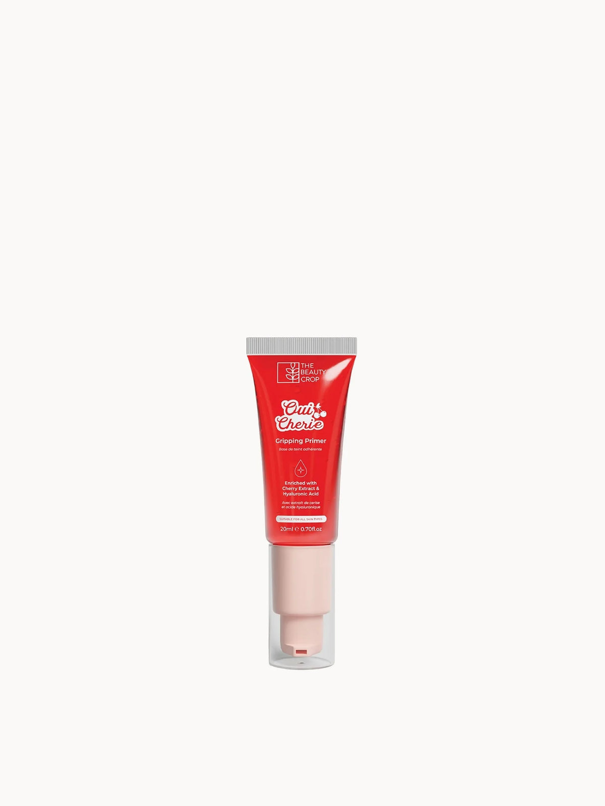 The Beauty Crop Oui Cherie Primer 20ml, small clear tube with pink cap and The Beauty Crop pastel branding