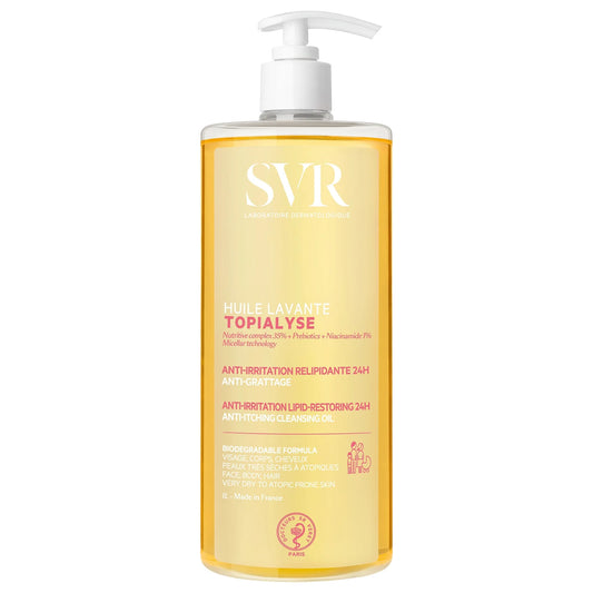 SVR Topialyse Face and Body Emulsifying Micellar Oil Wash 1000ml, large clear pump bottle with white and pink label, formulated to gently cleanse and soothe dry, sensitive skin
