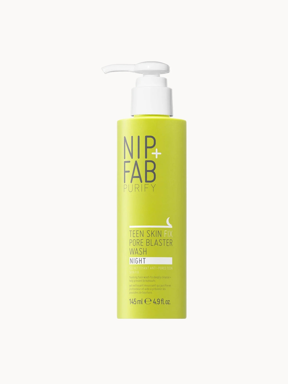 NIP+FAB Teen Skin Fix Pore Blaster Night Wash 145ml, clear pump bottle with orange cap and NIP+FAB Teen Skin Fix branding
