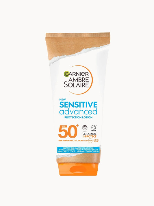 Garnier Ambre Solaire SPF50+ Sensitive Advance Sun Protection Cream 175ml, orange and white tube