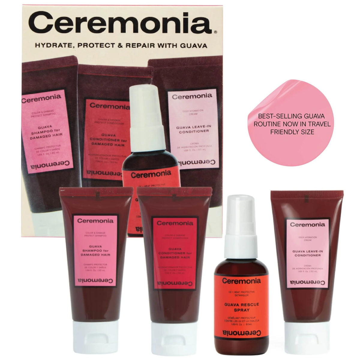 Ceremonia Guava Travel Kit, four pink travel-sized bottles in a set