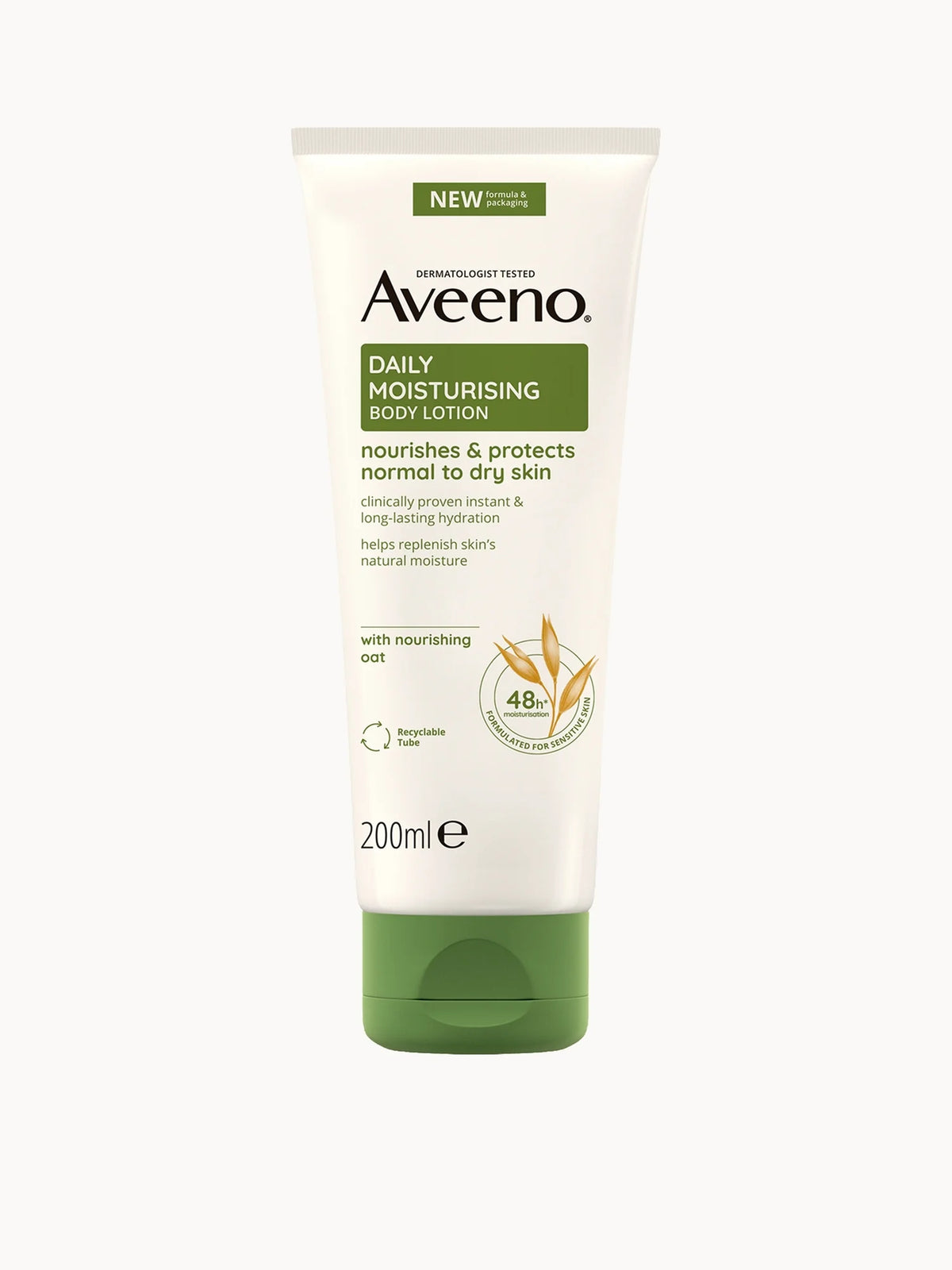 Aveeno Daily Moisturising Lotion 200ml, green pump bottle with white cap and Aveeno oat branding