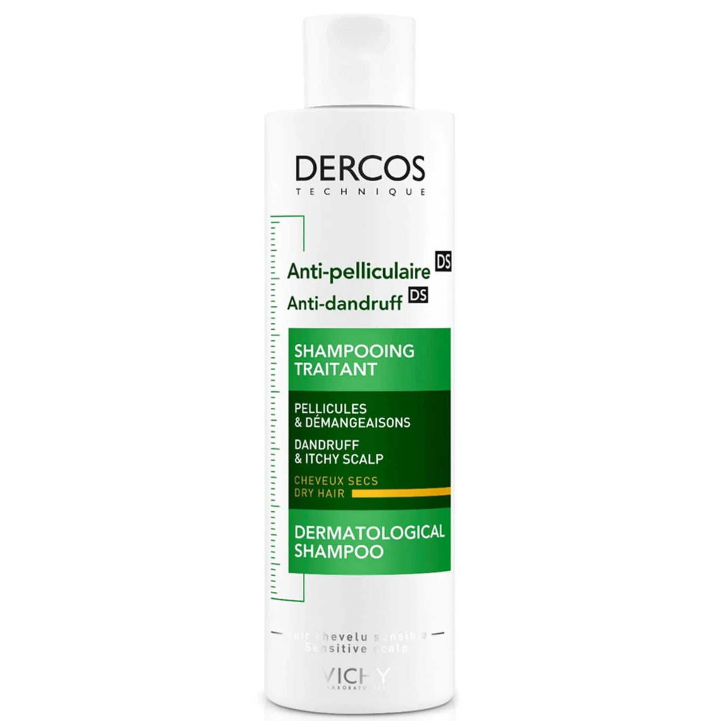 VICHY Dercos Anti-Dandruff Shampoo for Dry Hair 200ml in white and green bottle, anti-flake hydrating scalp treatment