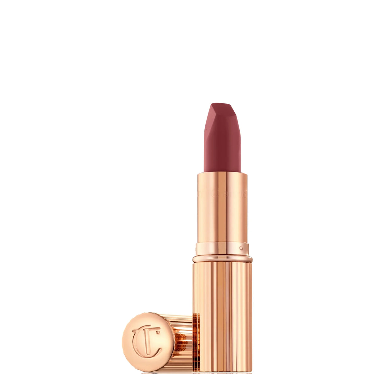 Charlotte Tilbury Matte Revolution M.I.Kiss, gold bullet-shaped lipstick case with black cap and Charlotte Tilbury lips logo