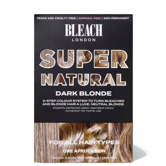 BLEACH LONDON Super Natural Kit - Dark Blonde with hair dye, developer, gloves, and instruction leaflet in eco-friendly packaging