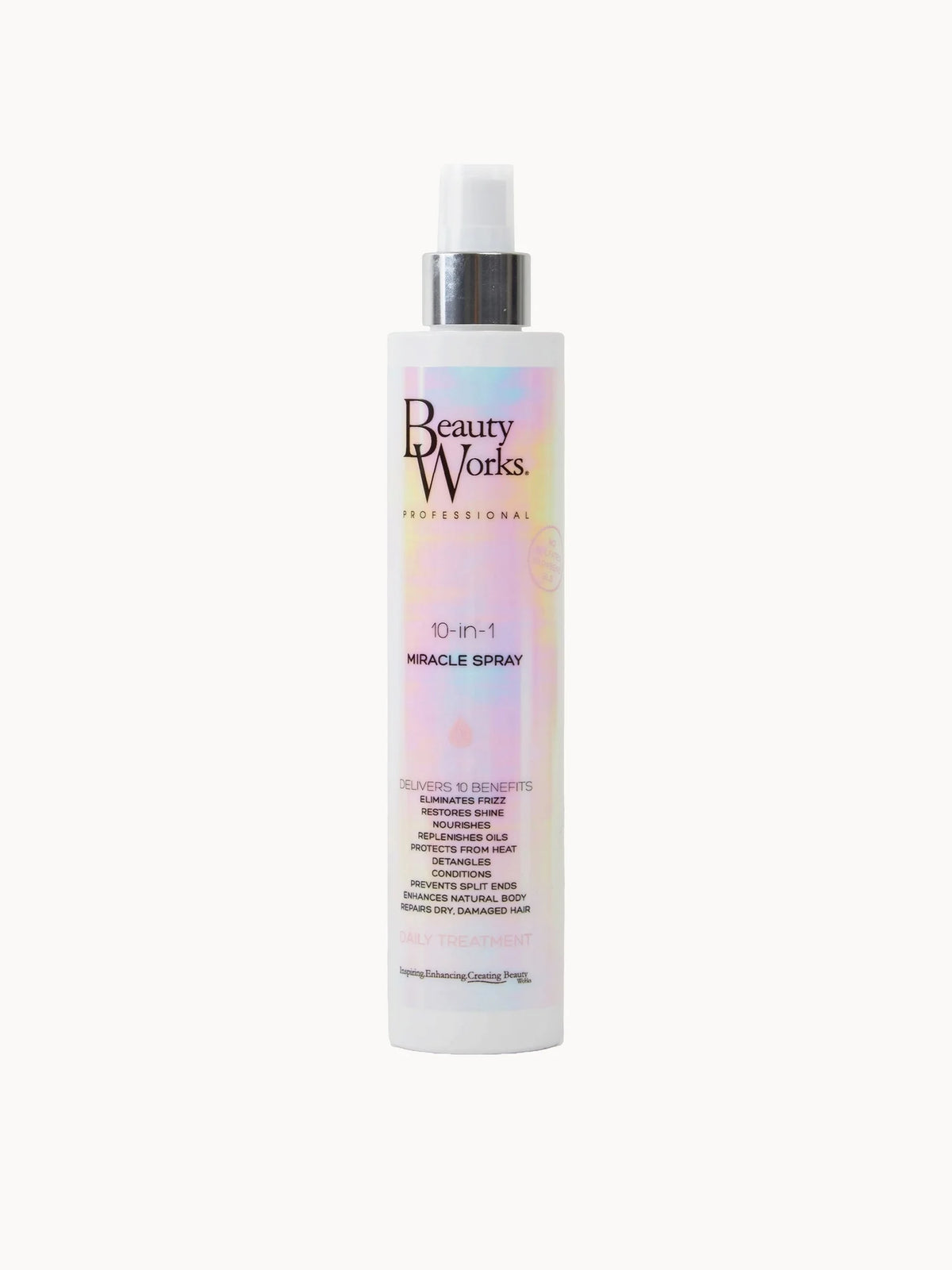Beauty Works 10-in-One Miracle Heat Protect Spray 250ml, clear spray bottle with gold cap and Beauty Works branding