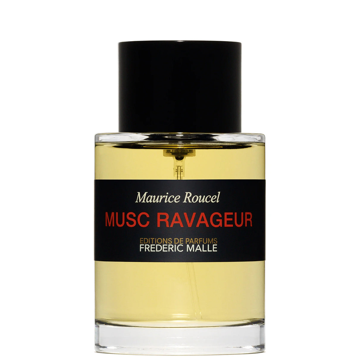 Frédéric Malle Musc Ravageur Eau de Parfum 100ml, tall cylindrical bottle with black cap and Frédéric Malle minimalist black-and-white label
