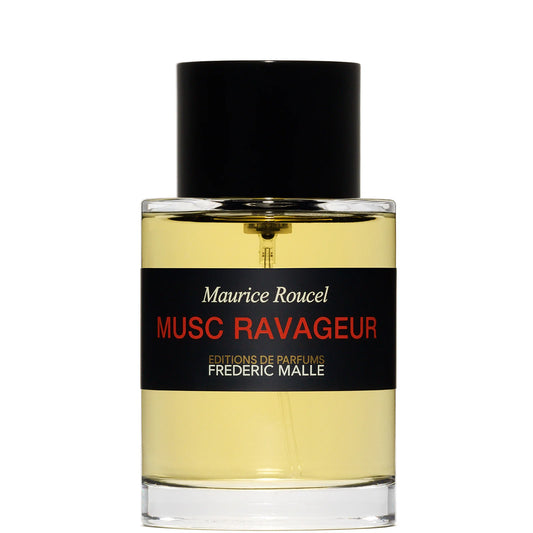 Frédéric Malle Musc Ravageur Eau de Parfum 100ml, tall cylindrical bottle with black cap and Frédéric Malle minimalist black-and-white label