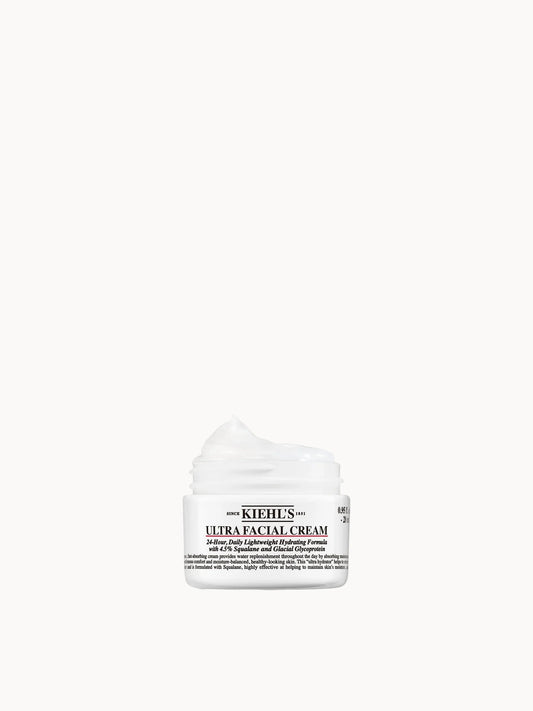 Kiehl's Ultra Facial Cream 28ml, small white jar with black cap and Kiehl's apothecary-style label