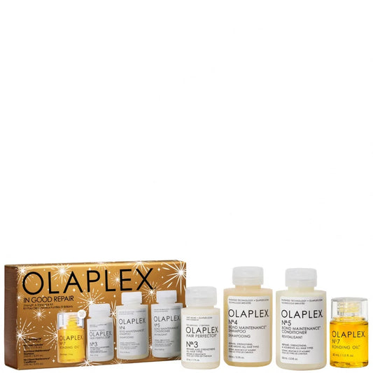 Olaplex In Good Repair Hair Kit set of multiple haircare bottles and treatments arranged in packaging
