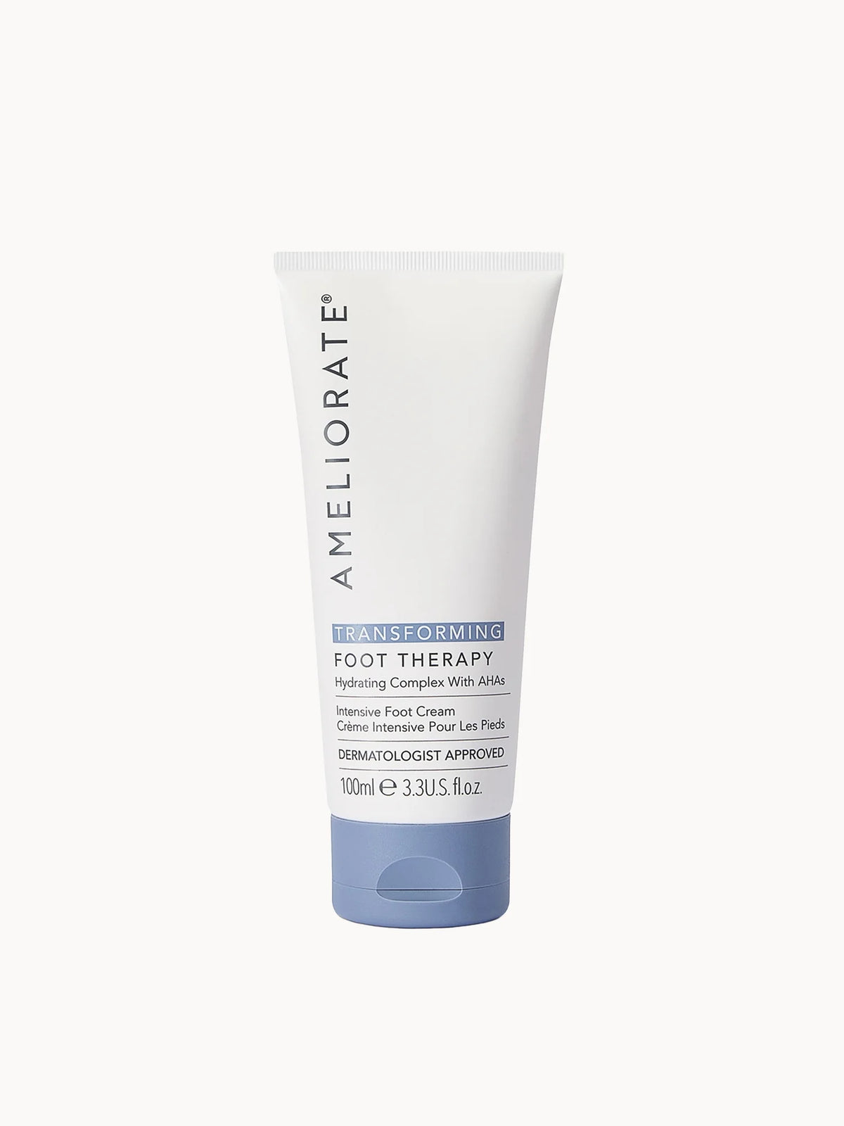 Ameliorate Transforming Foot Therapy 100ml, white pump tube with grey cap and text